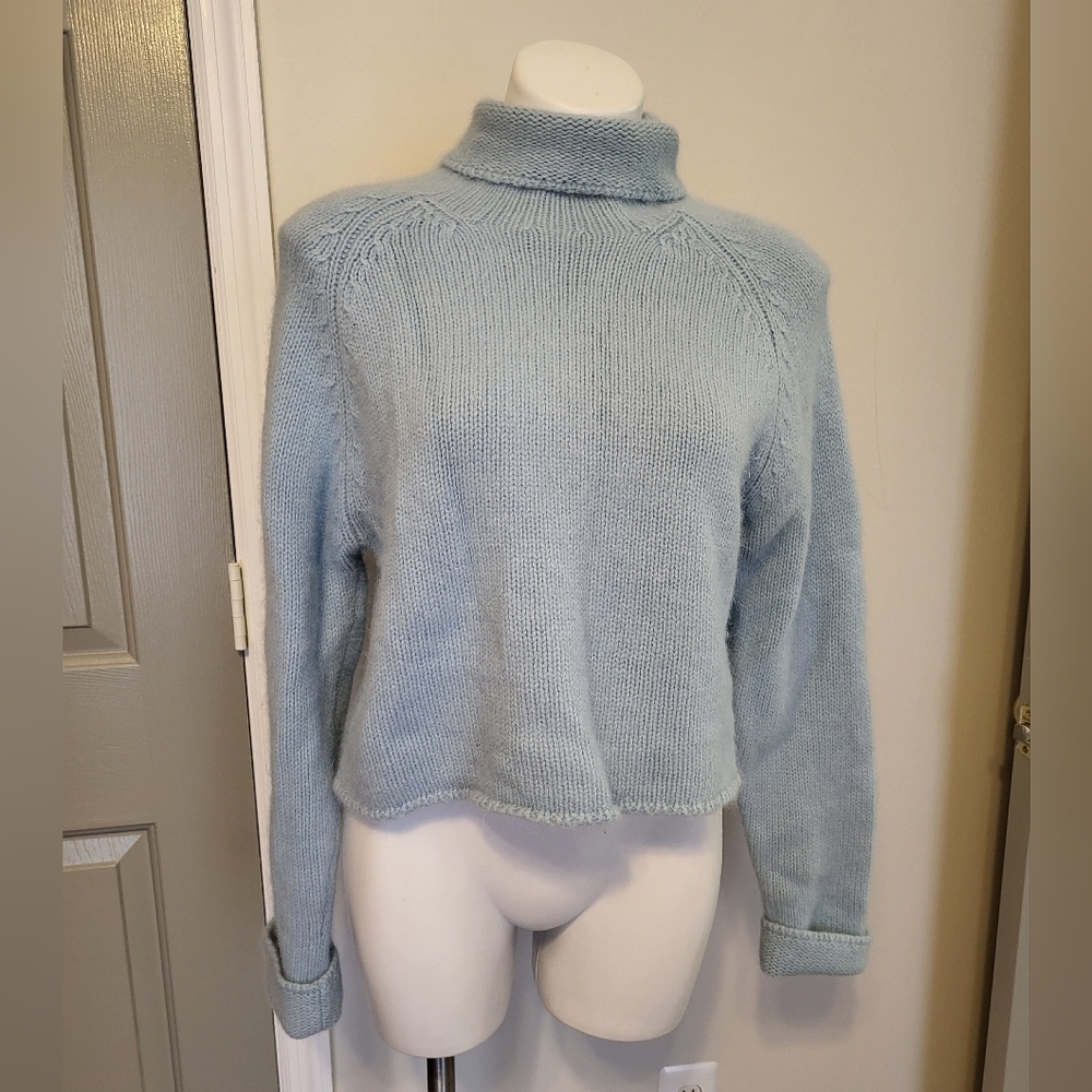 Boston Proper Soft Angora Lambswool Baby Blue Turtleneck Cropped Knit Sweater(S)